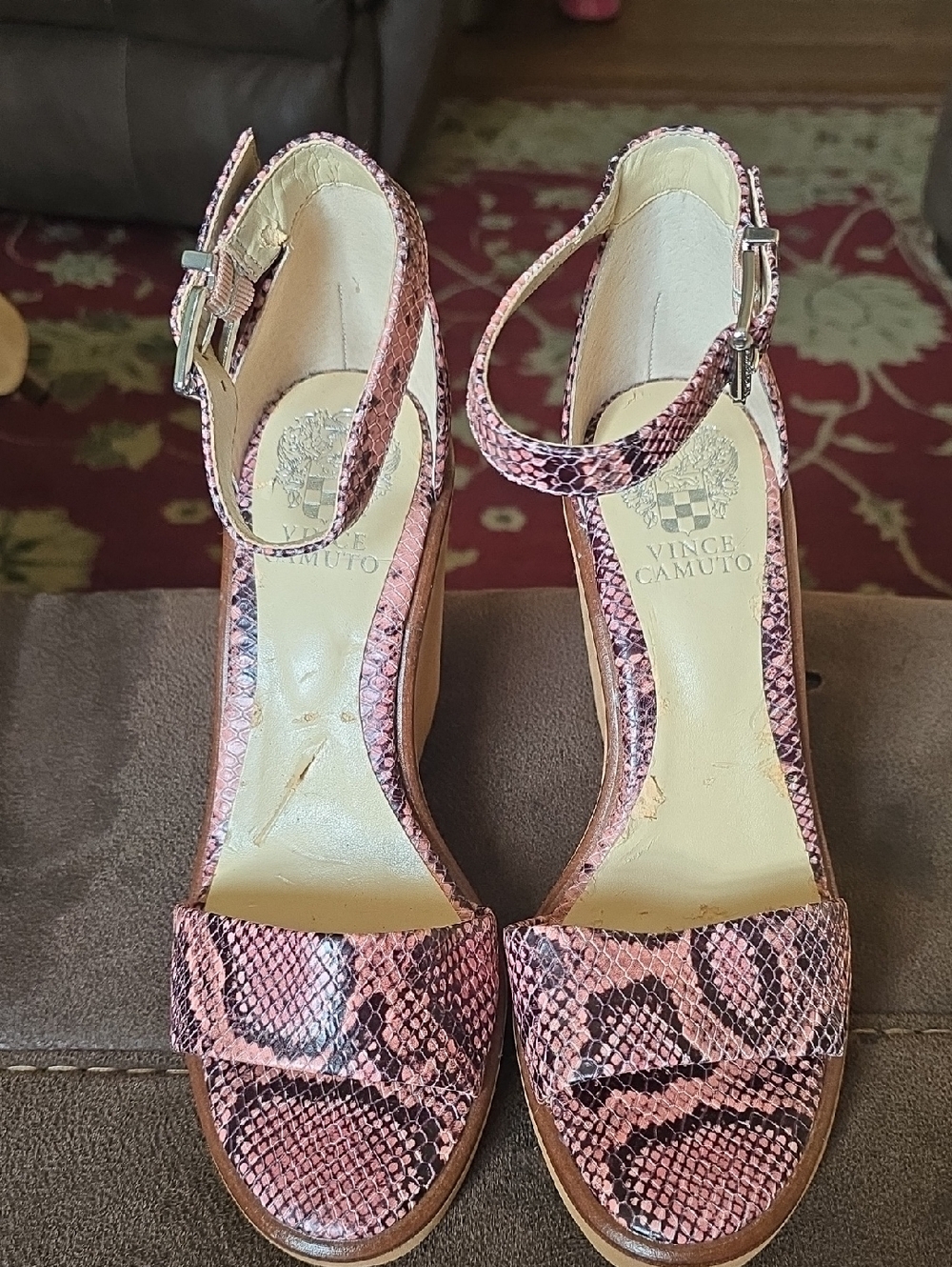 Vince Camuto Pink Snake-Print T‑Strap Heels